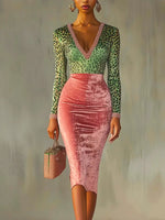 Women's Retro Leopard Art Patchwork Casual Stylish Long Sleeve Dress