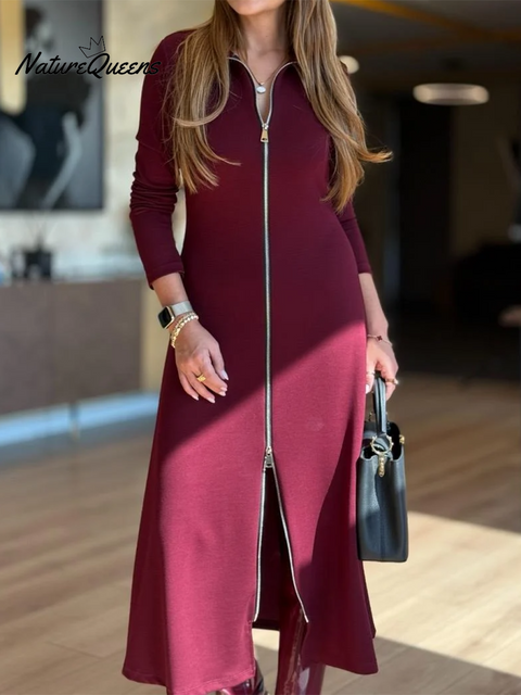 Women's Casual Solid Color Zipper Stretch MIDI Dress
