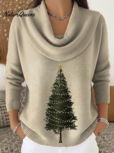 Women's Christmas Tree Pattern Art Print Casual Cowl Neck Sweater