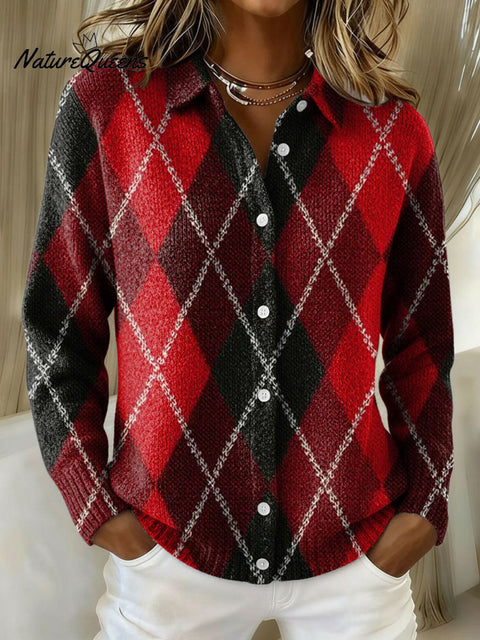 Women's Christmas Plaid Art Pattern Print Cowl Neck Sweater