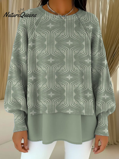 Women's Geometric Line Decorative Patterns Casual Round Collar Long Sleeve Sweater