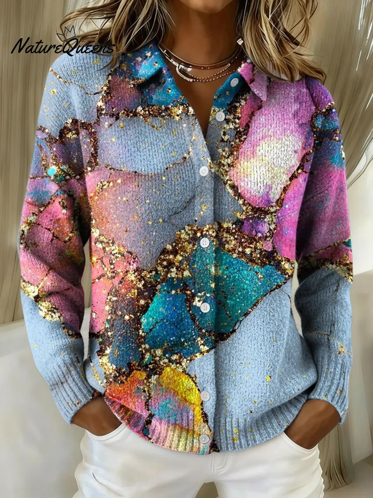 Women's Vintage Texture Printed Collared Sweater