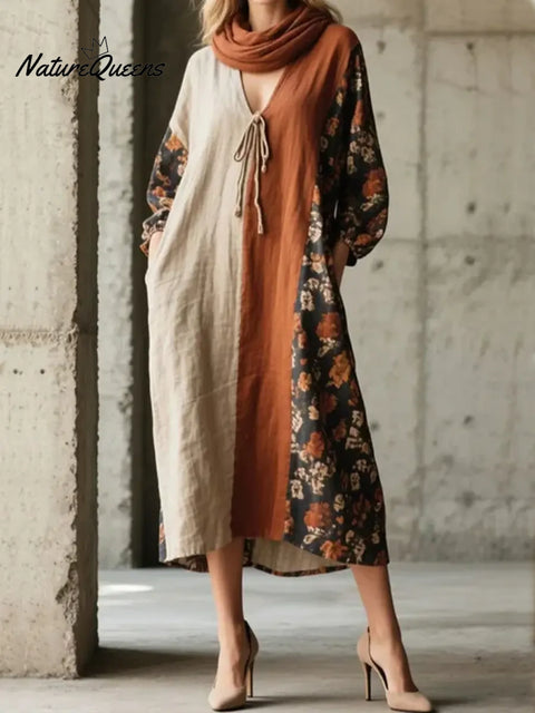 Women's Color-blocked V-neck Cotton Linen Dress