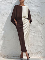 Women's Color-block Print Dress — Crew Neck 3/4 Sleeves Casual Loose Fit Waist-cinching Style