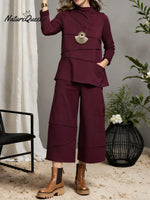 Women's Solid Color Stand-collar Long-sleeved Casual Loose Cotton Top And High-waisted Loose Wide-leg Pants Set.