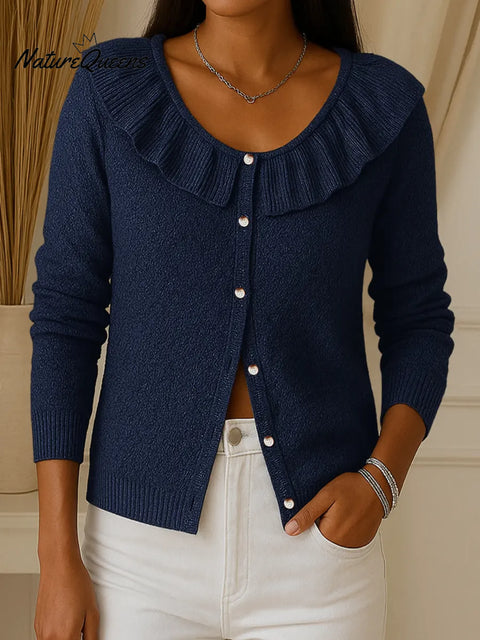 Women's Solid Color Round Neck Long Sleeve Ruffle Cardigan Sweater