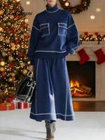 Women's Solid Color High-neck Long-sleeve Casual Pocket Loose Top And High-waisted A-line Skirt Set