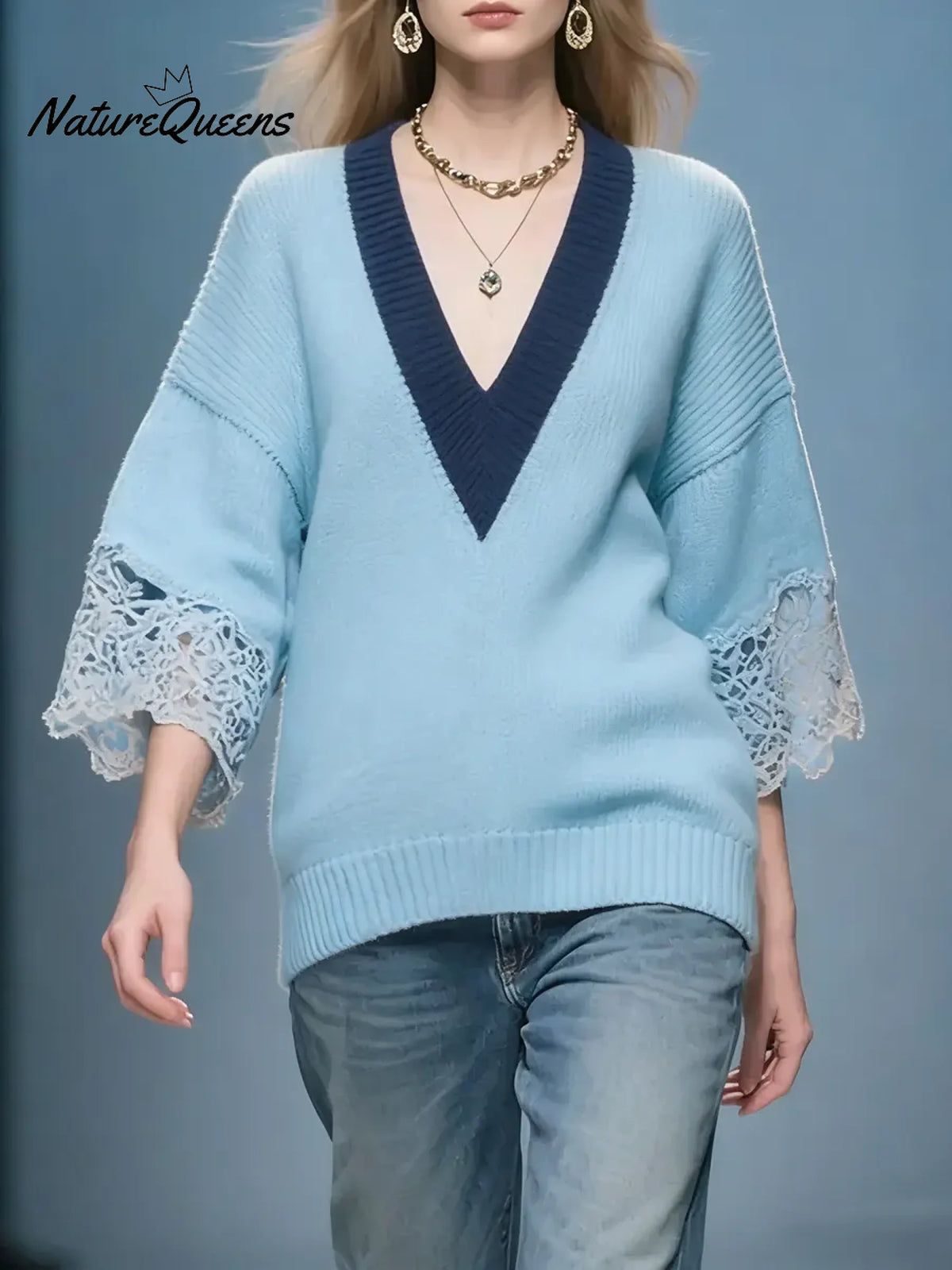 Women's Color-block V-neck Three-quarter Sleeve Loose-fitting Casual Knitted Sweater