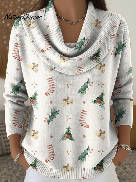 Women's Cute Christmas Elements Print Cowl Neck Sweater