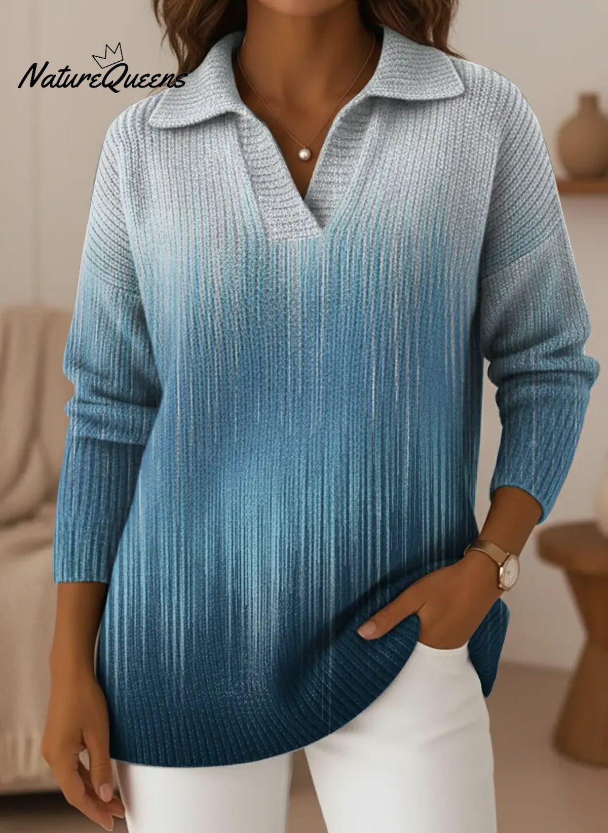 Women's Gradient Dotted Colors Art Pattern V-neck Sweater