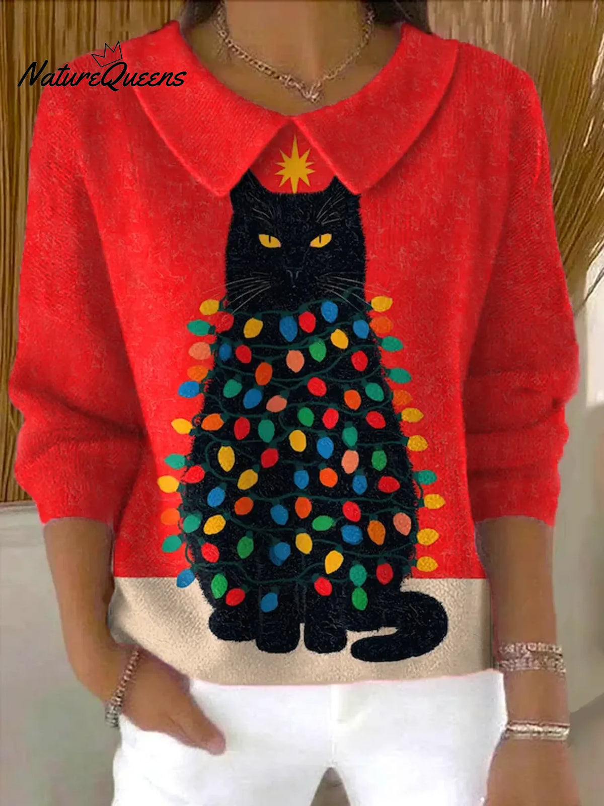 Women's Christmas Cat Print Casual Peter Pan Collar 3/4 Sleeve Sweater