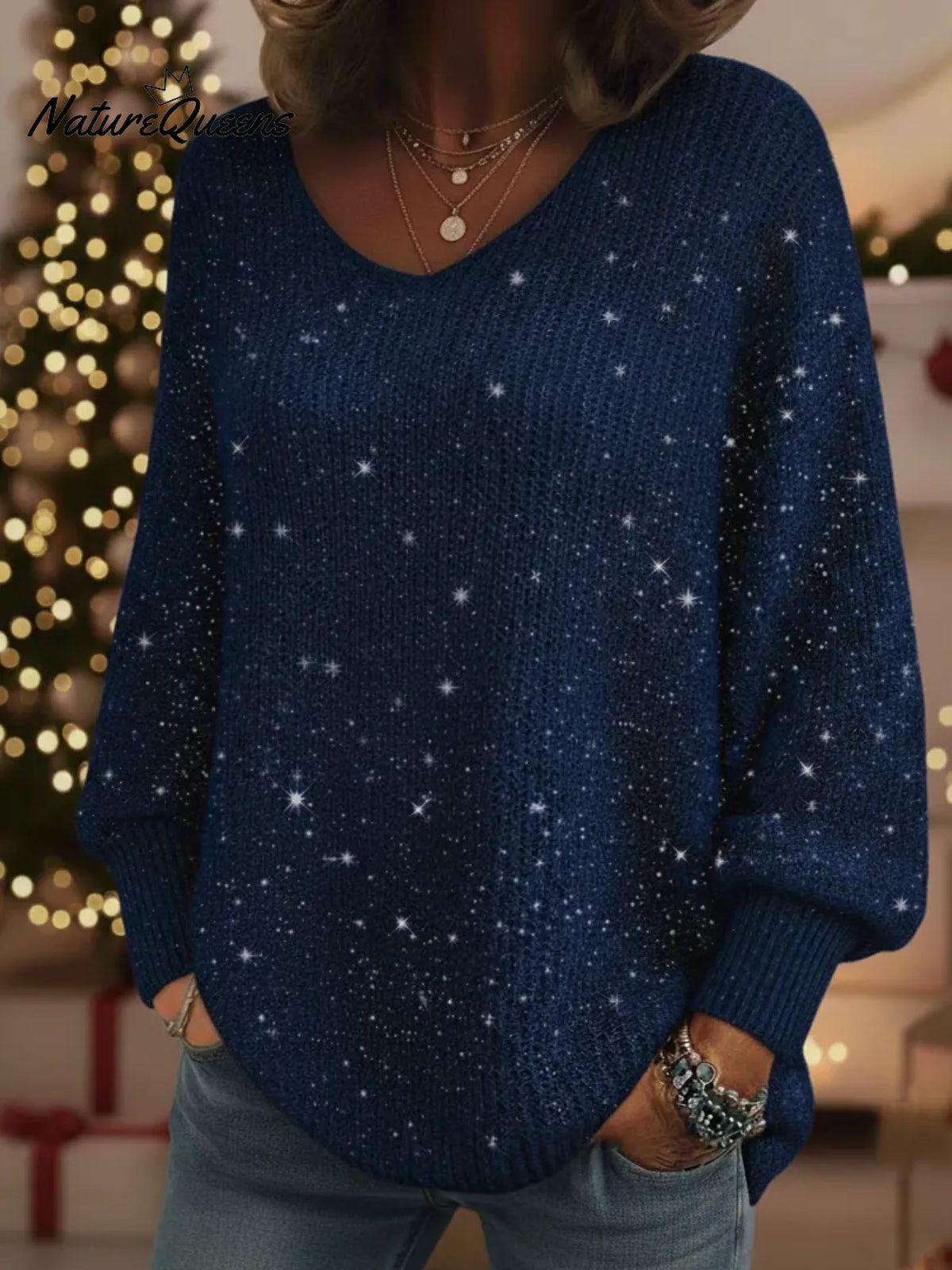 Christmas Sparkling Cozy V-neck Lantern Sleeve Knit Sweater