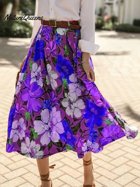 Women's Retro Floral High-Waisted Casual Loose A-Line Skirt