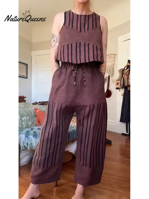 Women's Casual Plaid And Striped Patchwork Cotton And Linen Shirt, Vest And Pants Three-piece Set