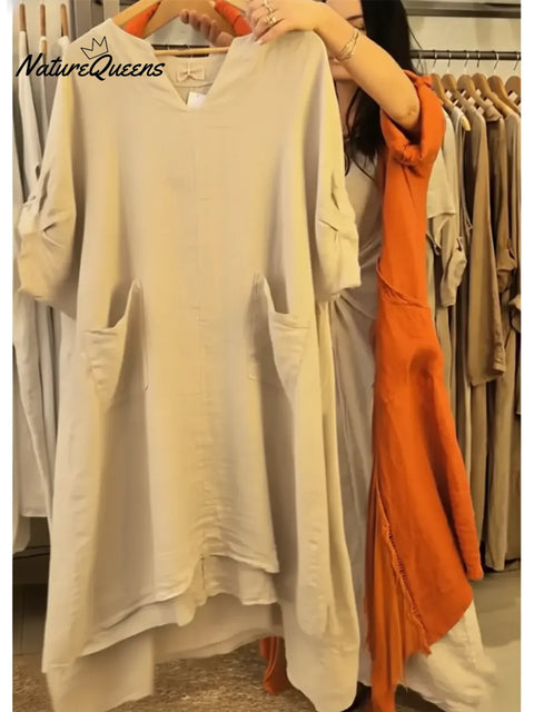 Women's Casual V-neck Pocket Cotton Linen Dress