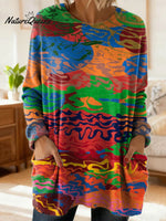 Women's Retro Abstract Pattern Art Print Casual Cotton Knitted Sweater