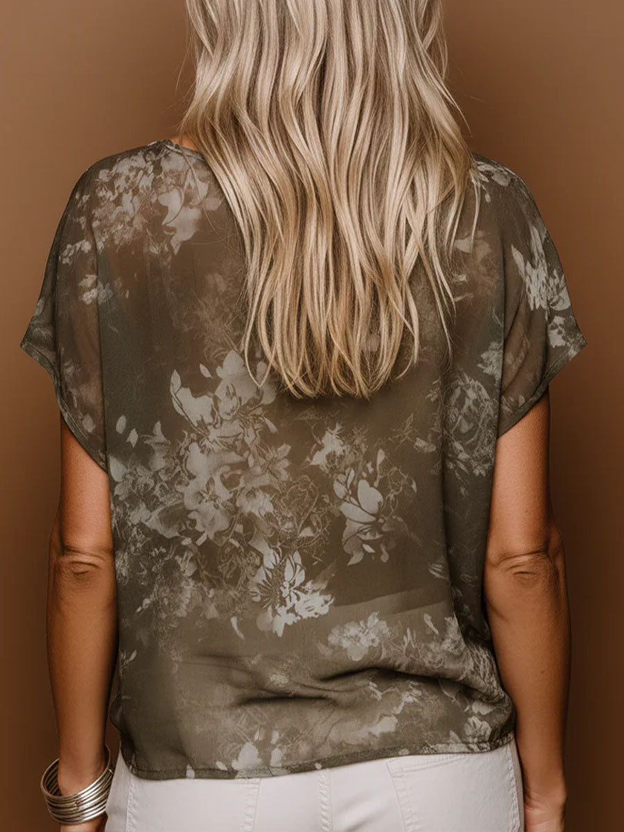 Women's Vintage-print Round-neck Short-sleeve Casual Loose Chiffon Top