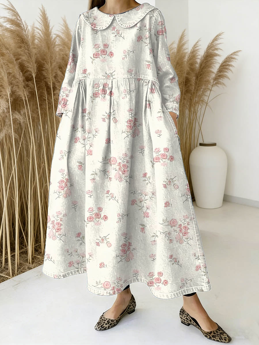 Women's Floral Art Print Peter Pan Collar Long-sleeved Loose Casual Denim Dress
