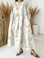 Women's Floral Art Print Peter Pan Collar Long-sleeved Loose Casual Denim Dress