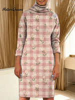 Women's Floral Plaid Art Print Casual Turtleneck Cotton Knitted Sweater Dress
