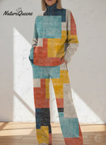 Women's Geometric Pattern Art Print Casual Knitted Cotton Top Pants Suit