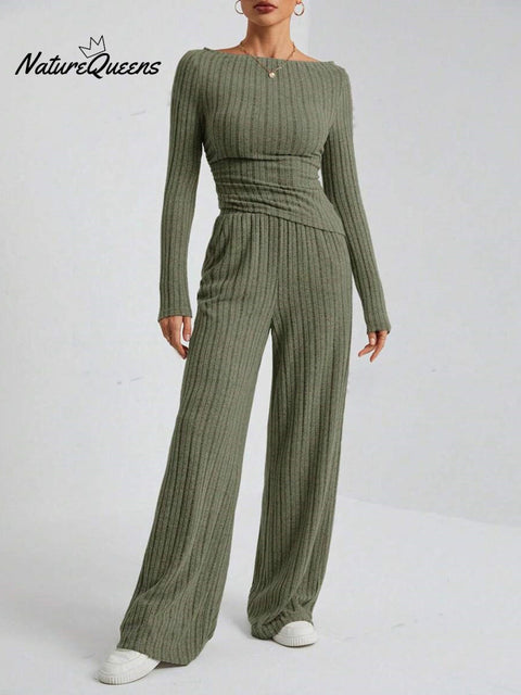 Women's Casual Striped Loose Long Sleeve Top Pants Knitted Suit