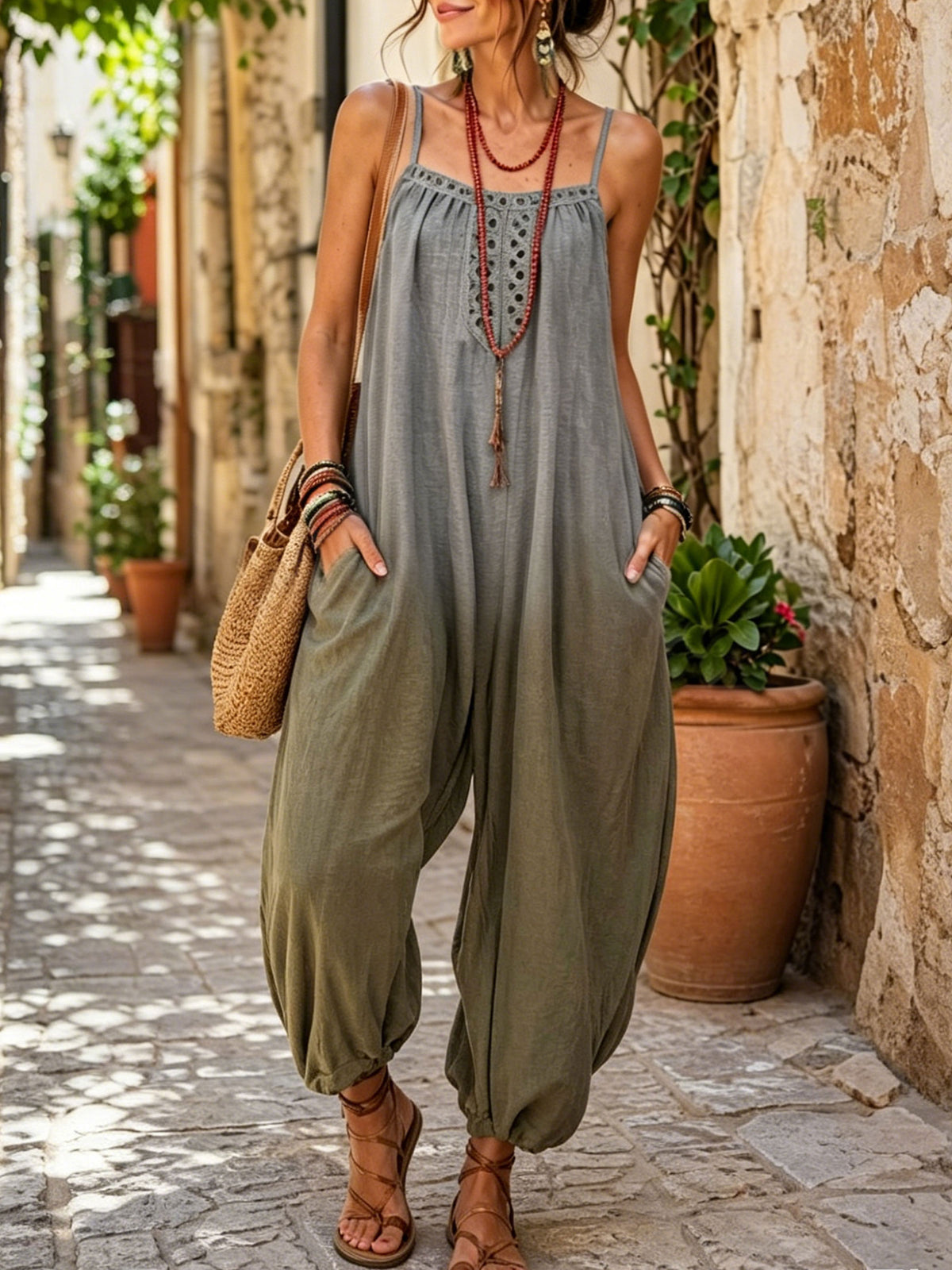 Women’s Summer Casual Cotton And Linen Gradient Color Pocket Jumpsuit