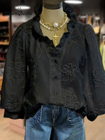 Women's Vintage Flower Art Print Casual Cotton And Linen Ruffle Shirt