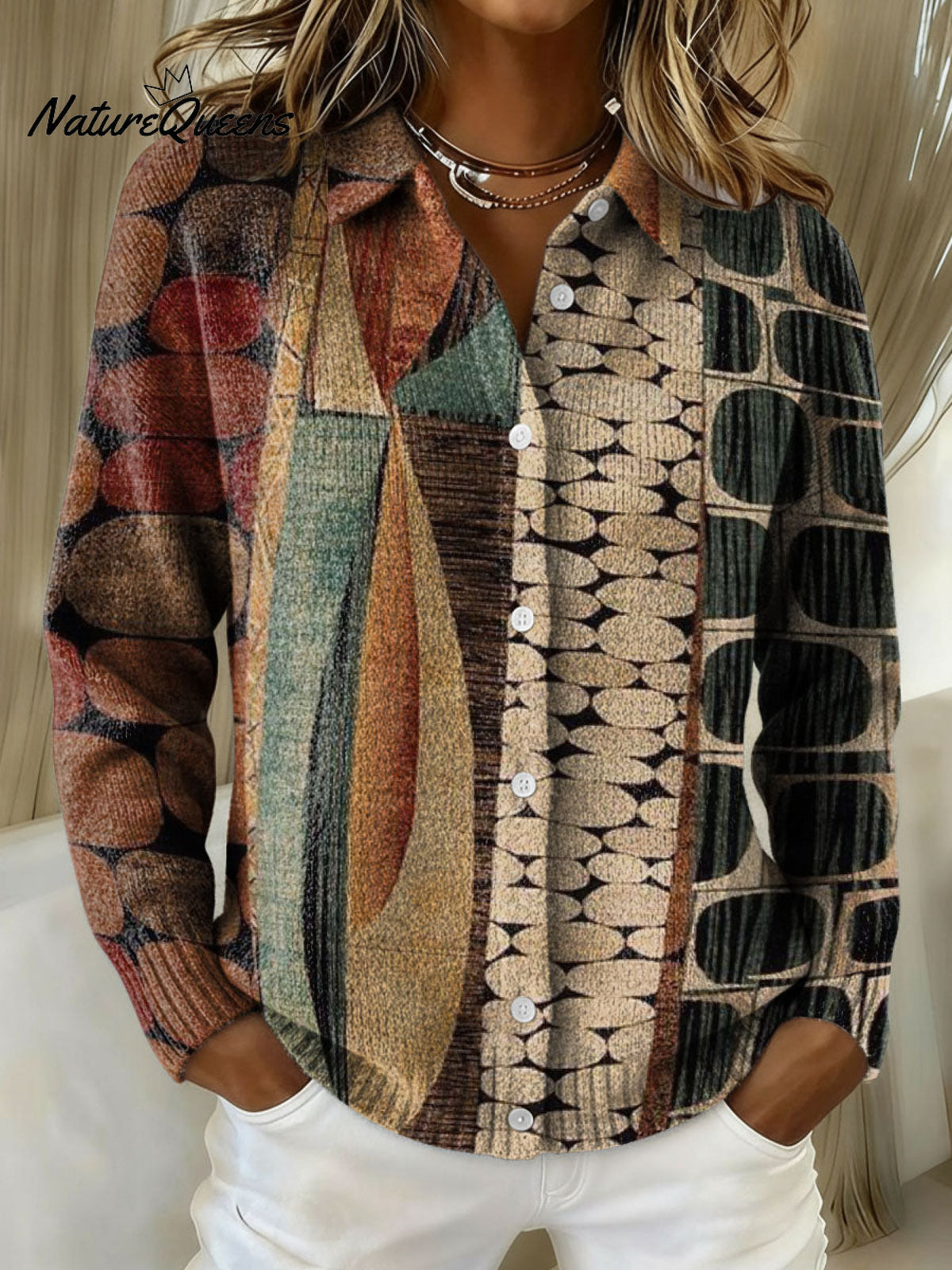 Mixed And Match Graphic Decorative Patterns Casual Shirt Collar Long Sleeve Sweater