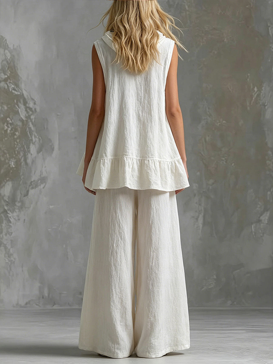 Women's Pullover Hooded Sleeveless Top & Wide-leg Pants Two-piece Set