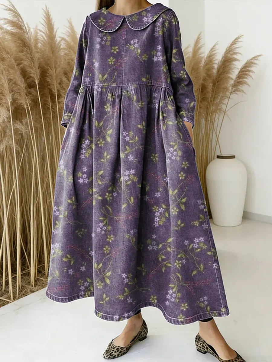 Women Floral Pattern Art Print Casual Denim Dress