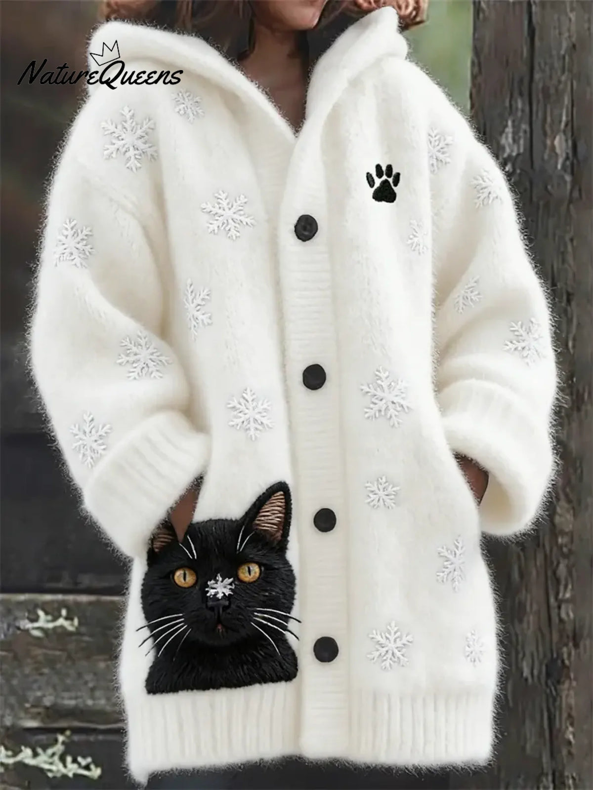 Women's Funny Cat Pattern Art Print Casual Fleece Coat