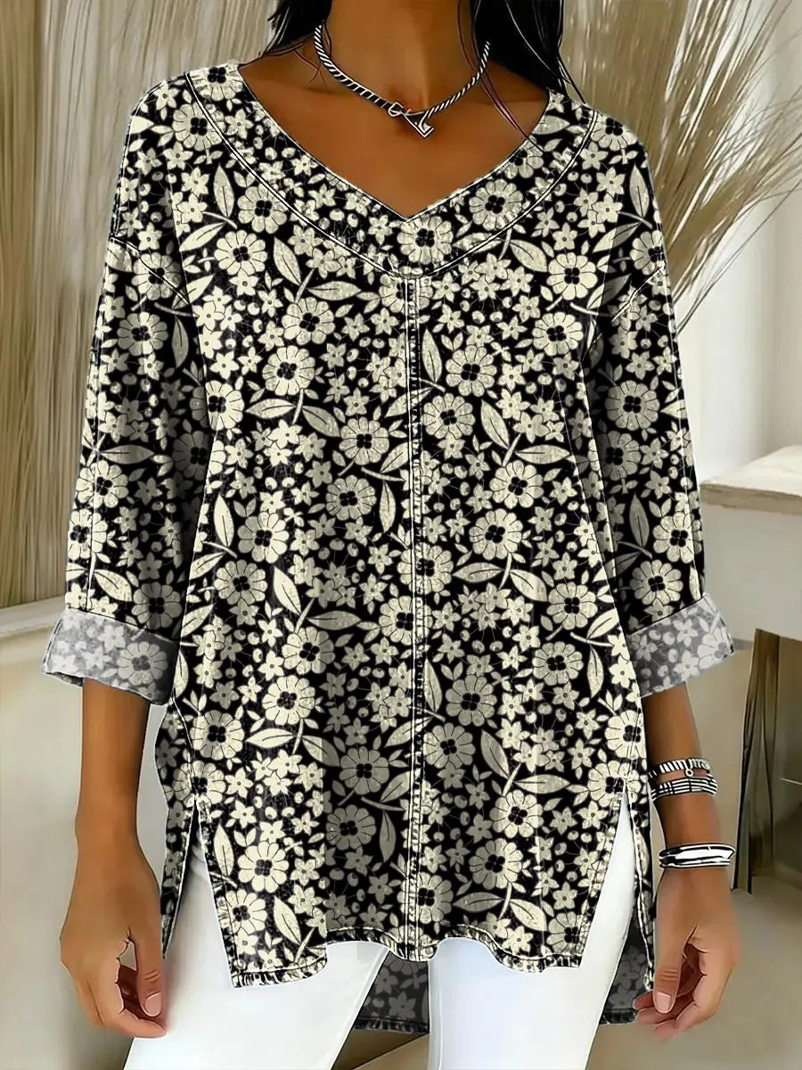Women's Floral Pattern Art Print Casual Denim Shirt