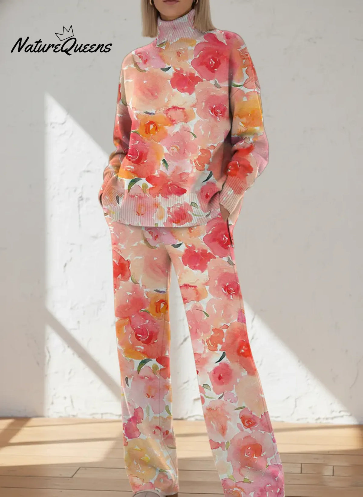 Women's Floral Pattern Art Print Casual Knitted Cotton Top Pants Suit