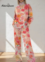 Women's Floral Pattern Art Print Casual Knitted Cotton Top Pants Suit