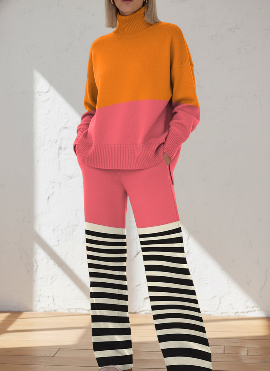 Women's Abstract Geometric Pattern Art Print Casual Knitted Cotton Top Pants Suit