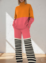 Women's Abstract Geometric Pattern Art Print Casual Knitted Cotton Top Pants Suit