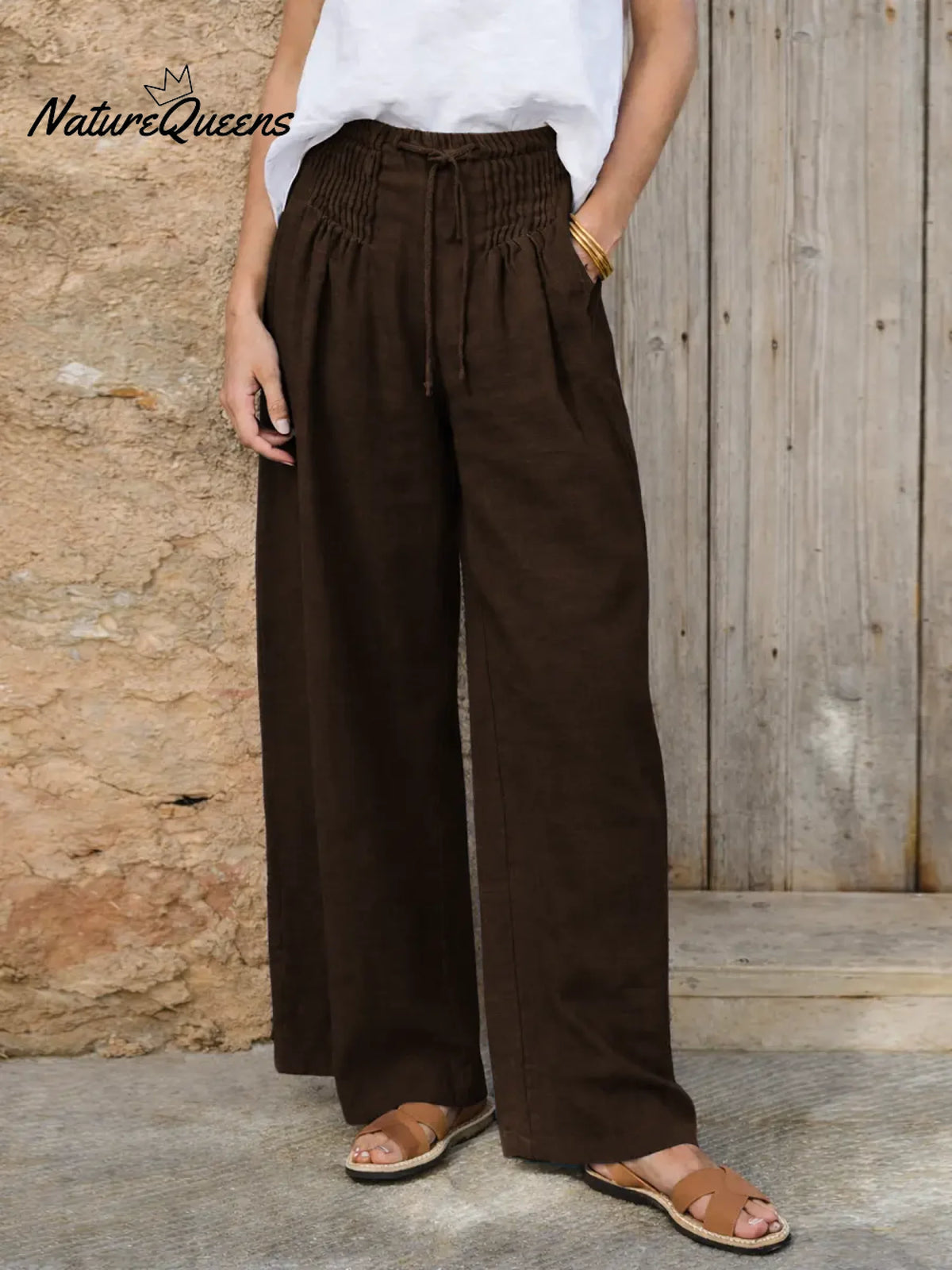 Women's Solid Color High-waisted Pleated Casual Loose Cotton And Linen Wide-leg Pants