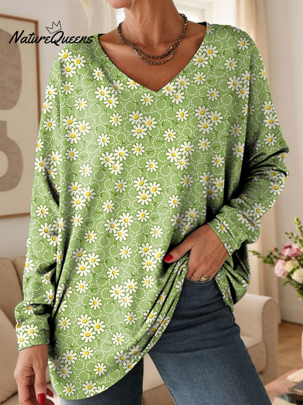 Women's Floral Pattern Art Print V-neck Casual Cotton T-shirt