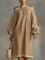 Elegant Off-shoulder Lantern Sleeve Loose Linen Cotton Dress