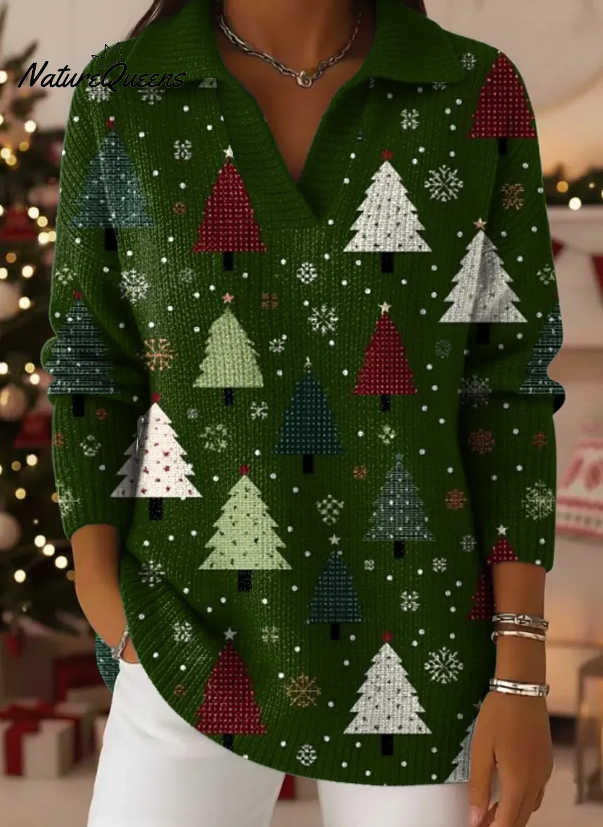 Vintage Christmas Tree Print Lapel Casual Knit Sweater