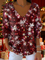 Women's Christmas Gradient Snowflake Pattern Art Print V-neck Solid Color Loose Shiny Sweater
