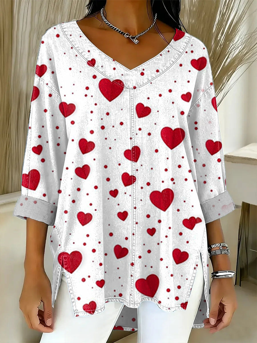 Women's Valentine's Day Heart Art Print Casual Washed Denim Cotton Top
