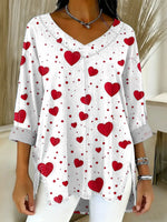 Women's Valentine's Day Heart Art Print Casual Washed Denim Cotton Top