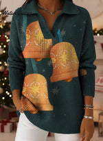 Retro Christmas Bell Art Pattern Polo Collar Shiny Loose Sweater Top