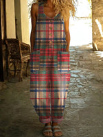 Women's Vintage Plaid Print Casual Cotton Vest Jumpsuit