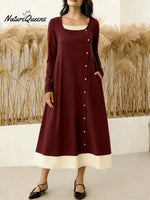 Women's Round Neck Long-sleeved Casual Loose Color-blocked Dress