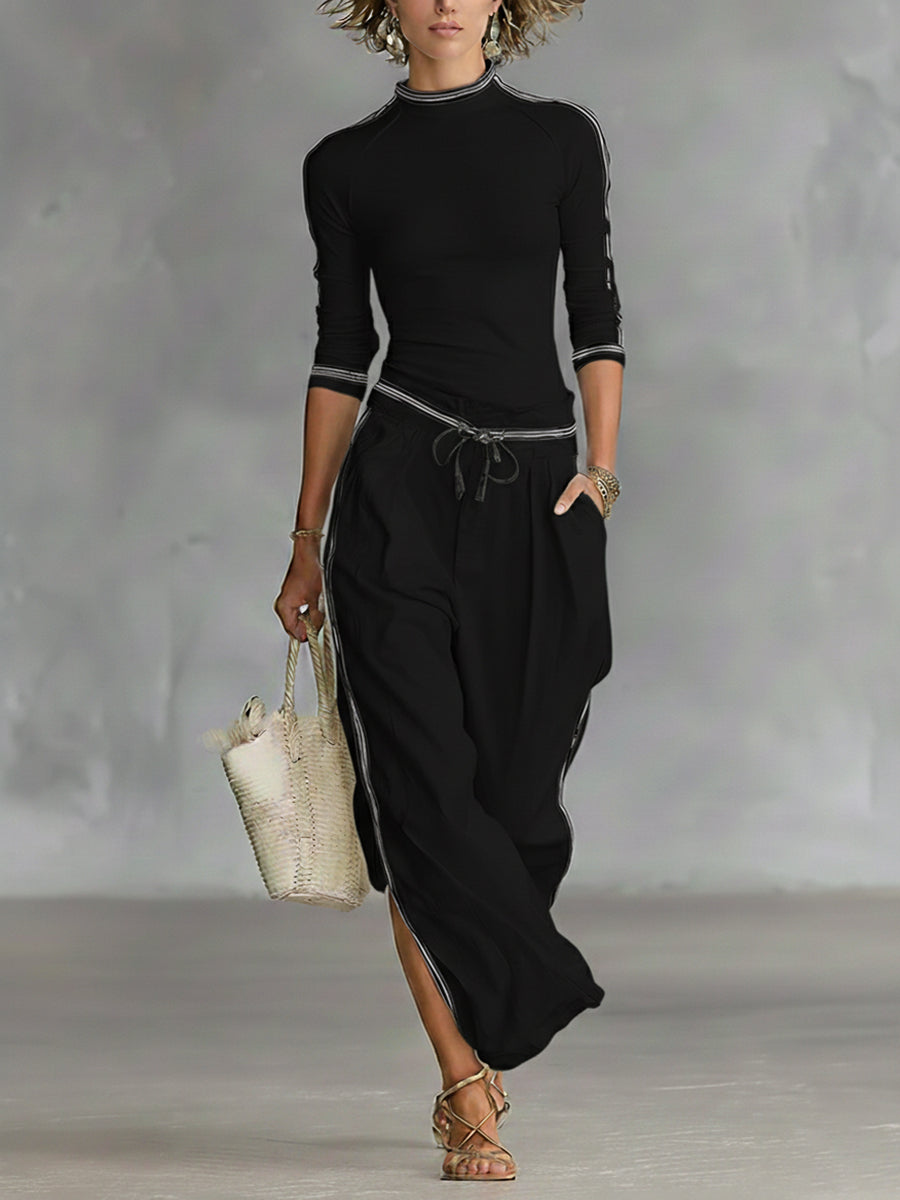 Cozy Stretch Knit Top And Linen And Cotton Trousers Two-piece Set