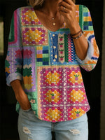 Women's Vintage Patchwork-print Casual Cotton-linen Shirt