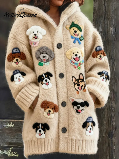 Women's Funny Dogs Pattern Art Print Casual Fleece Coat